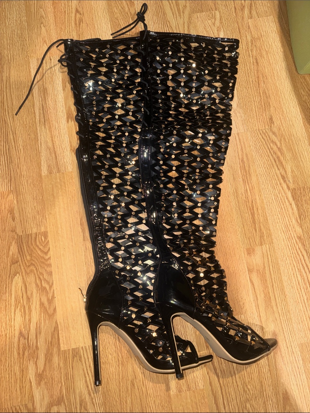 Black Patent Over-the-Knee Lace-Up Stiletto Boots